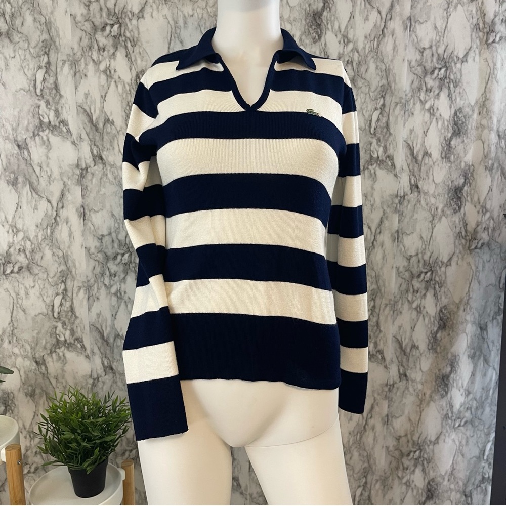 VTG Lacoste Sweater Ladies Medium Collared 40 8 Navy Striped Long Sleeve Shirt